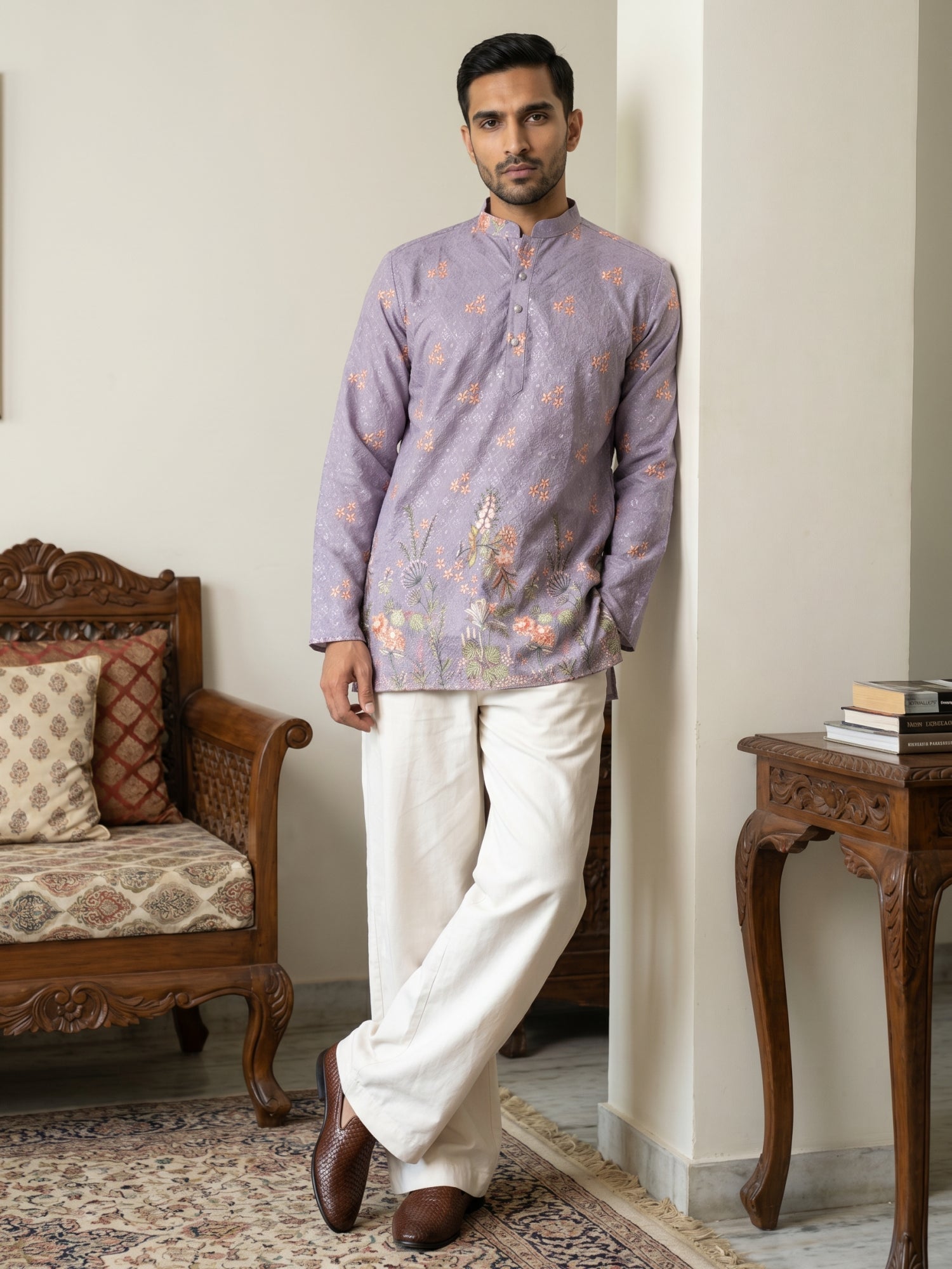 DesiQlo Men Printed Kurta Pyjama Set - Purple - 65KP_PJ11W_5567Purple_