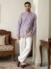 Men's Floral Printed & Thread Work Kurta with Korean Pants ( 65KP PJ11W 5567Purple )