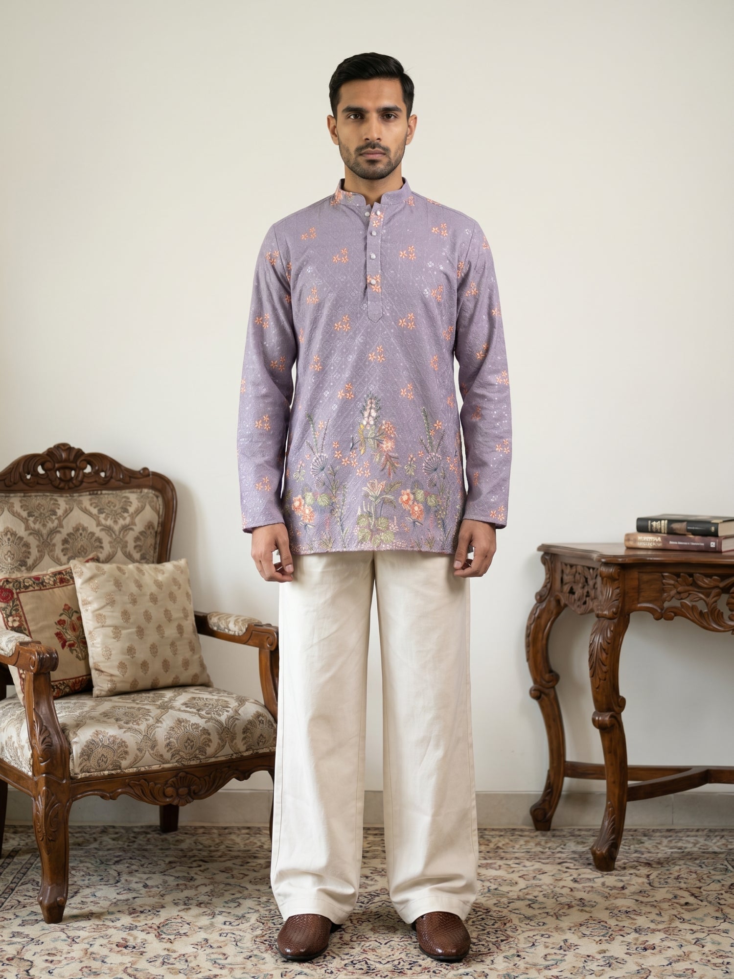 DesiQlo Men Printed Kurta Pyjama Set - Purple - 65KP_PJ11W_5567Purple_