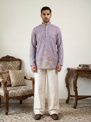 Men's Floral Printed & Thread Work Kurta with Korean Pants ( 65KP PJ11W 5567Purple )