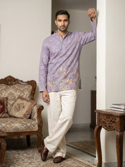Men's Floral Printed & Thread Work Kurta with Korean Pants ( 65KP PJ11W 5567Purple )