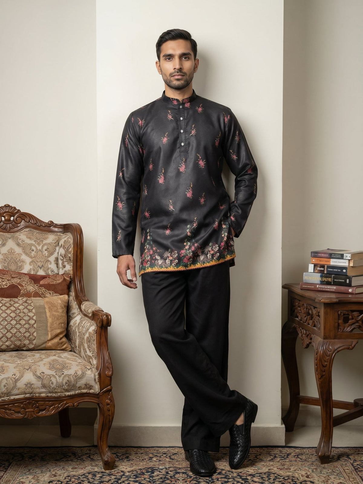 Men's Floral Printed Kurta with Korean Pants ( 65KP PJ11B 5568Black ) [FF] [C-1]
