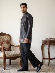 Men's Floral Printed Kurta with Korean Pants ( 65KP PJ11B 5568Black ) [FF] [C-1]