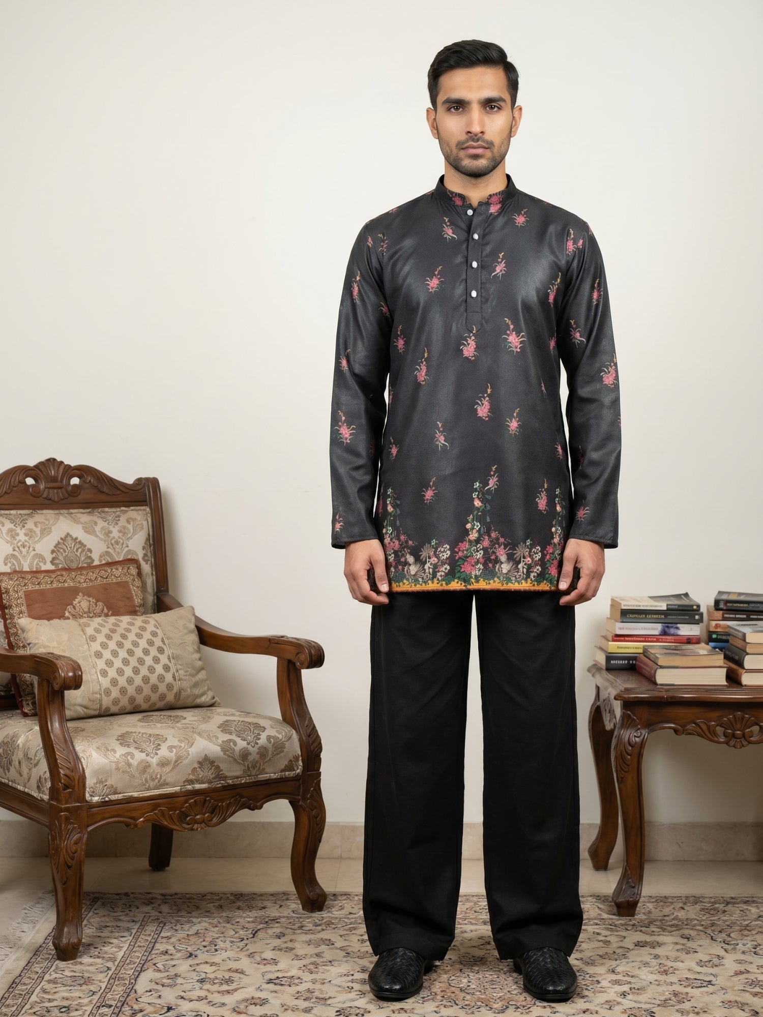 DesiQlo Men Printed Kurta Pyjama Set - Black - 65KP_PJ11B_5568Black_S