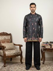 Men's Floral Printed Kurta with Korean Pants ( 65KP PJ11B 5568Black ) [FF] [C-1]
