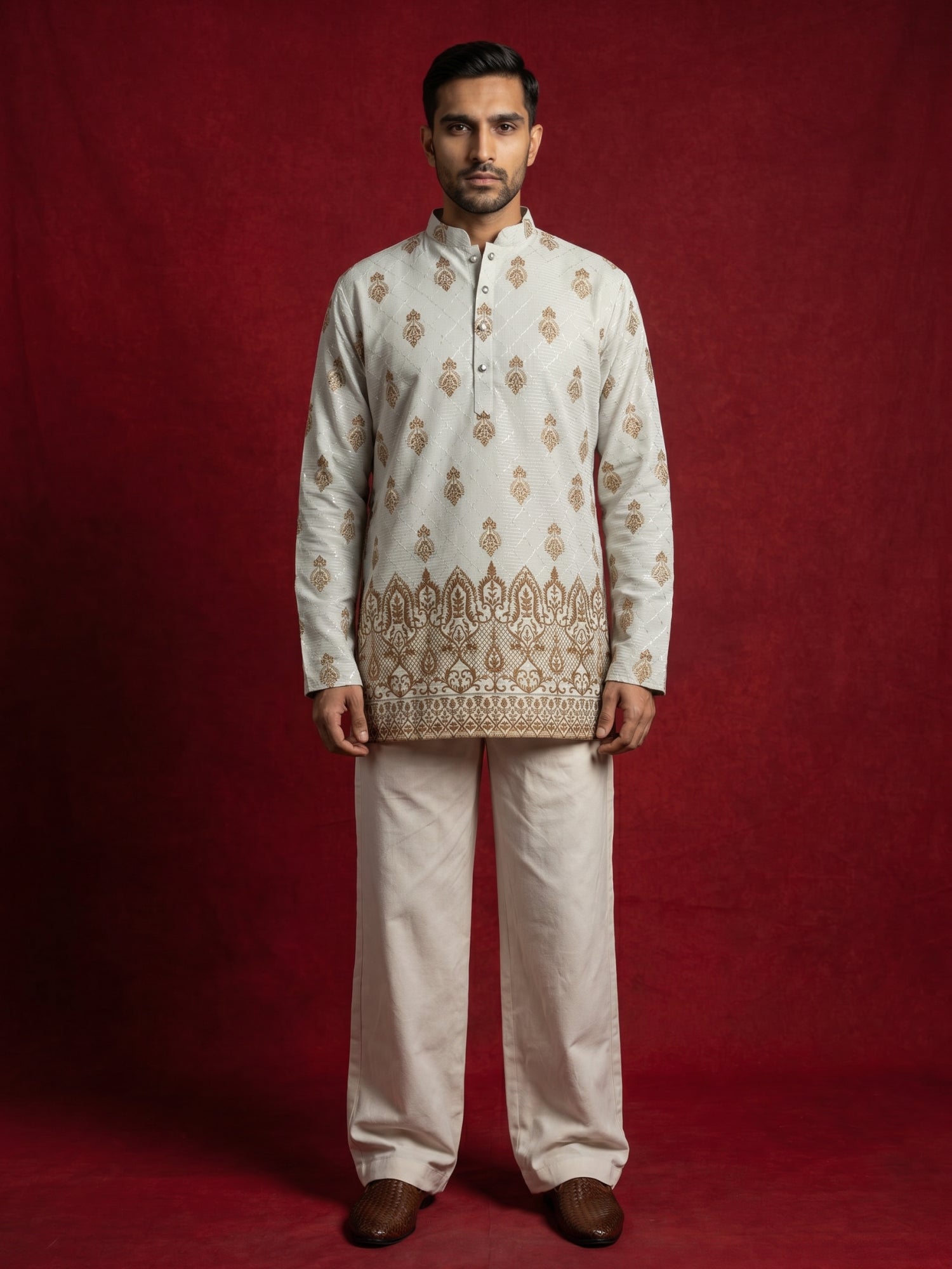 DesiQlo Men Embroidered Kurta Pyjama Set - White - 65KP_PJ11W_5569Whit