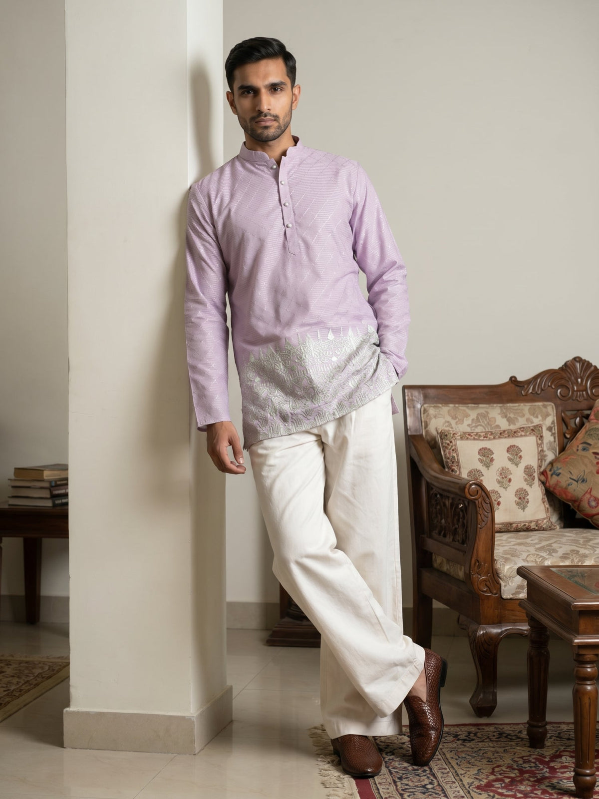 Men's Ethnic Printed & Thread Work Kurta with Korean Pants ( 65KP PJ11W 5570Purple ) [FF] [B-4-5]