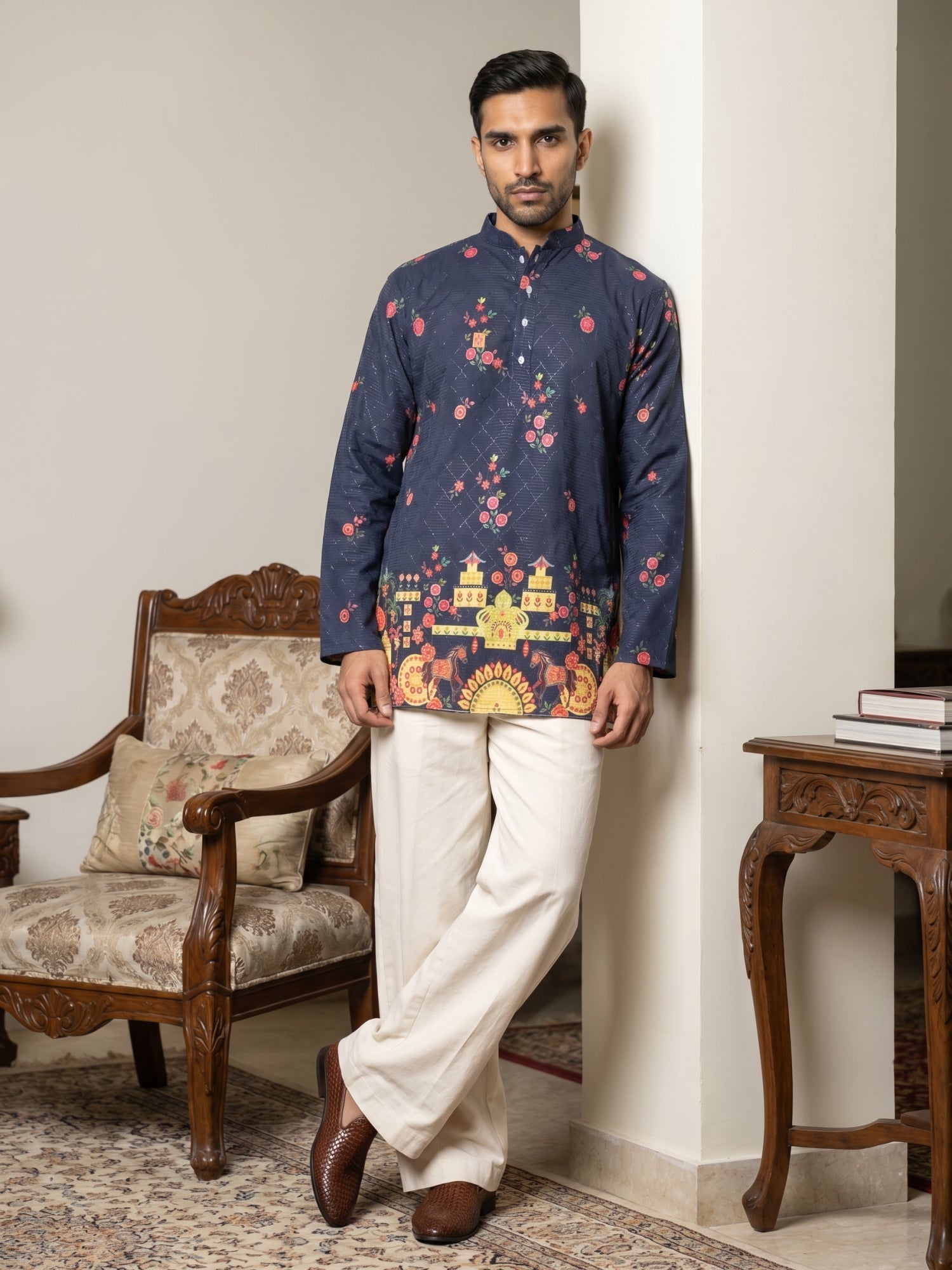 DesiQlo Men Printed Kurta Pyjama Set - Blue - 65KP_PJ11W_5571Navy_S