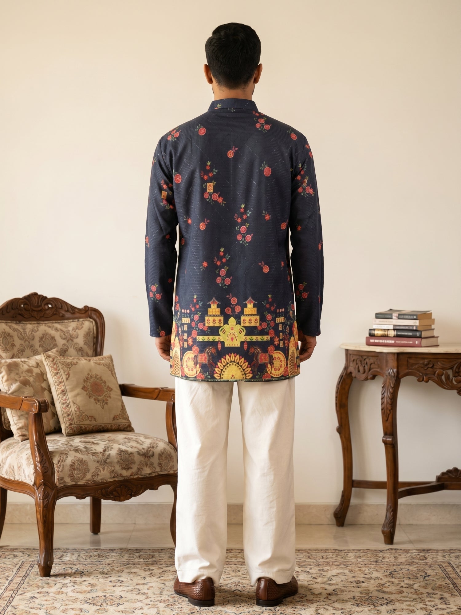 DesiQlo Men Printed Kurta Pyjama Set - Blue - 65KP_PJ11W_5571Navy_S