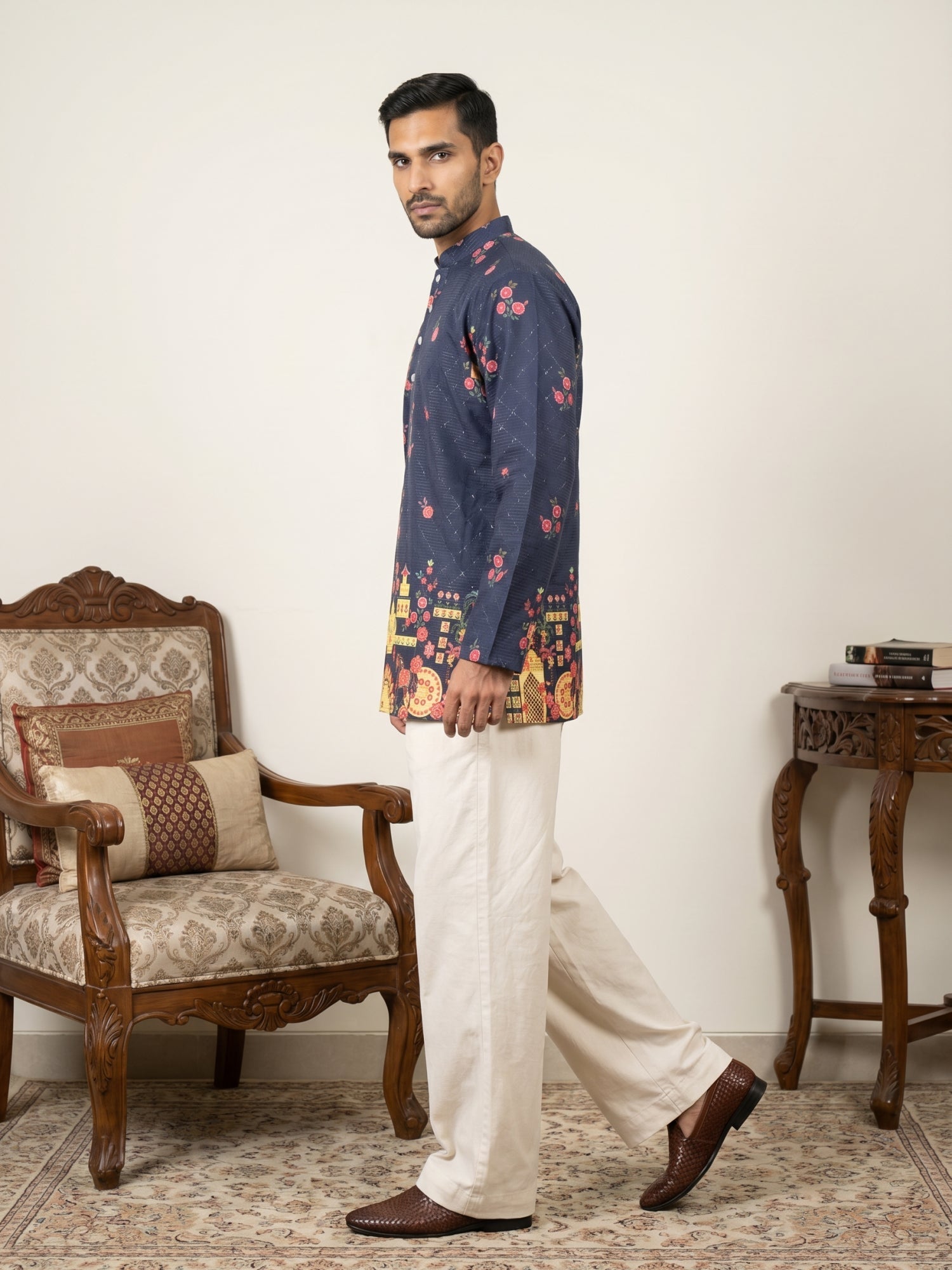 DesiQlo Men Printed Kurta Pyjama Set - Blue - 65KP_PJ11W_5571Navy_S
