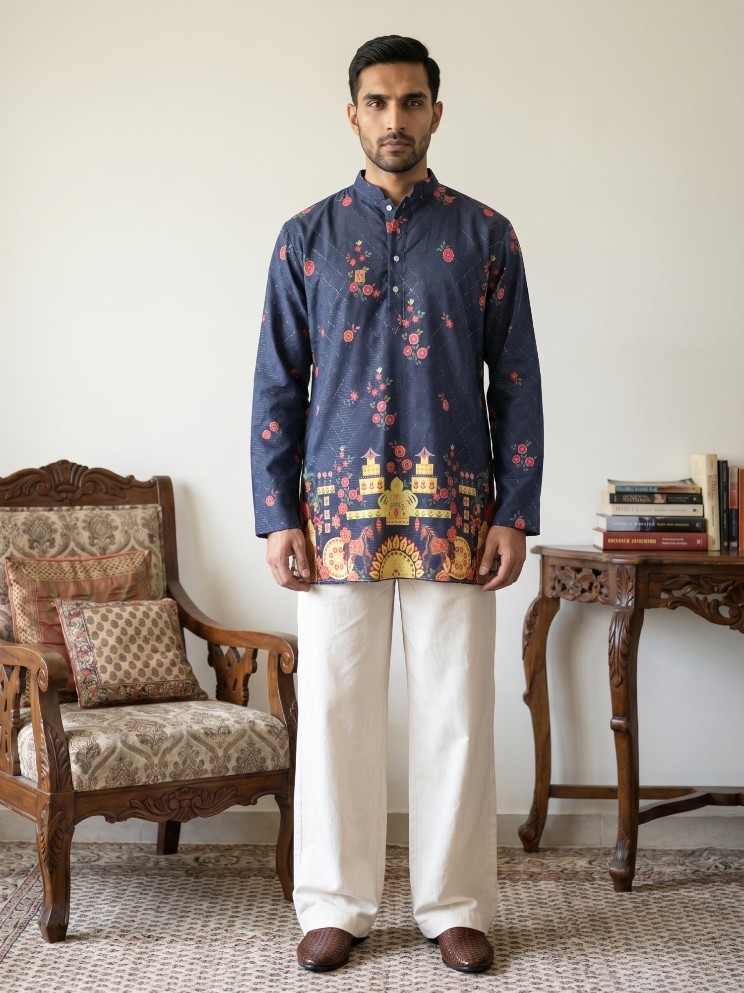 DesiQlo Men Printed Kurta Pyjama Set - Blue - 65KP_PJ11W_5571Navy_S