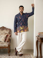 Premium Cotton Blend Printed Ethnic Kurta with Korean Pants ( 65KP PJ11W 5571Navy ) [FF] [C-1]