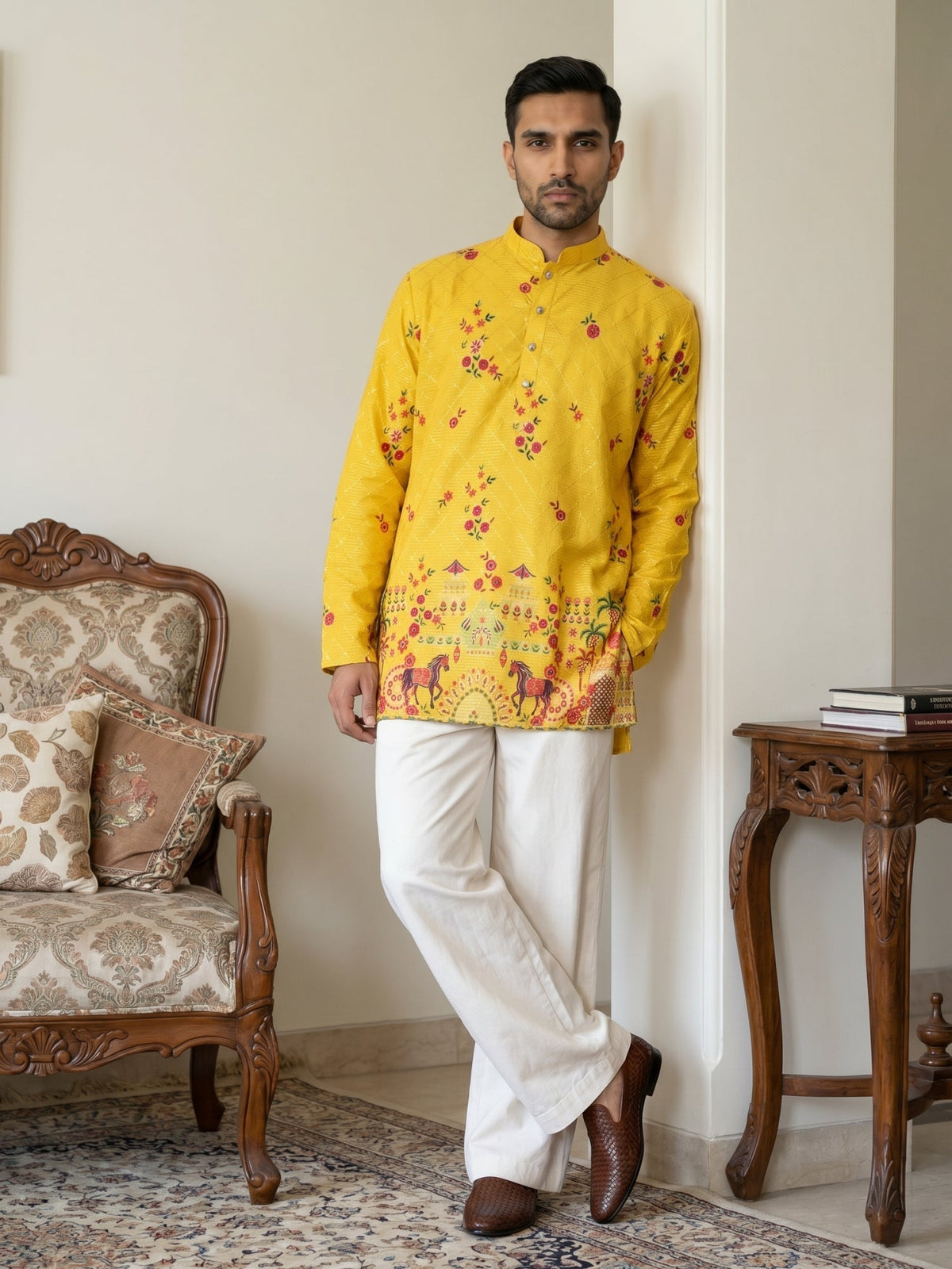 Premium Cotton Blend Printed Ethnic Kurta with Korean Pants ( 65KP PJ11W 5571Yellow ) [FF] [C-1]