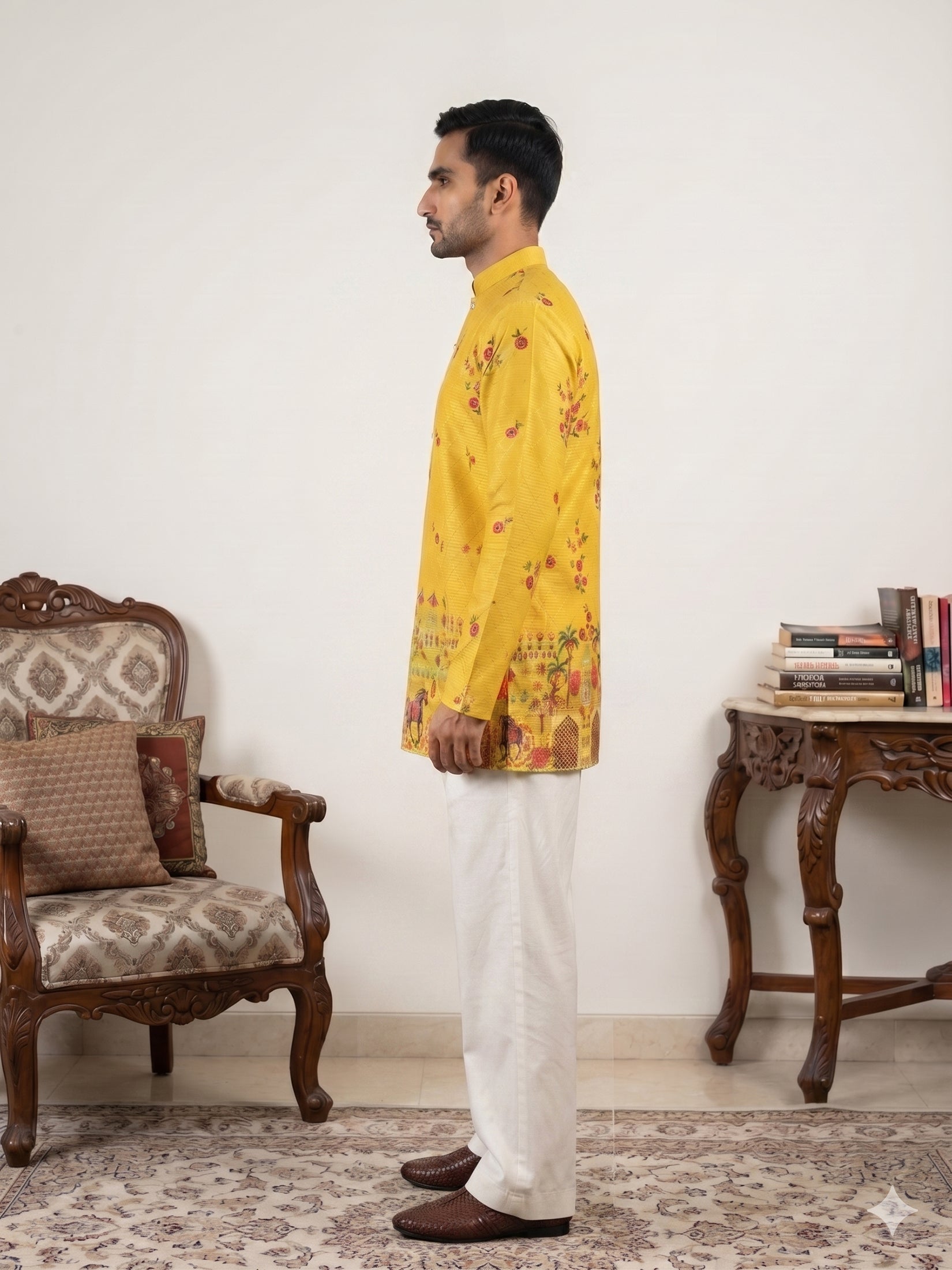 DesiQlo Men Printed Kurta Pyjama Set - Yellow - 65KP_PJ11W_5571Yellow_