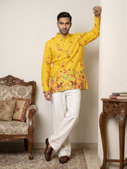 Premium Cotton Blend Printed Ethnic Kurta with Korean Pants ( 65KP PJ11W 5571Yellow ) [FF] [C-1]