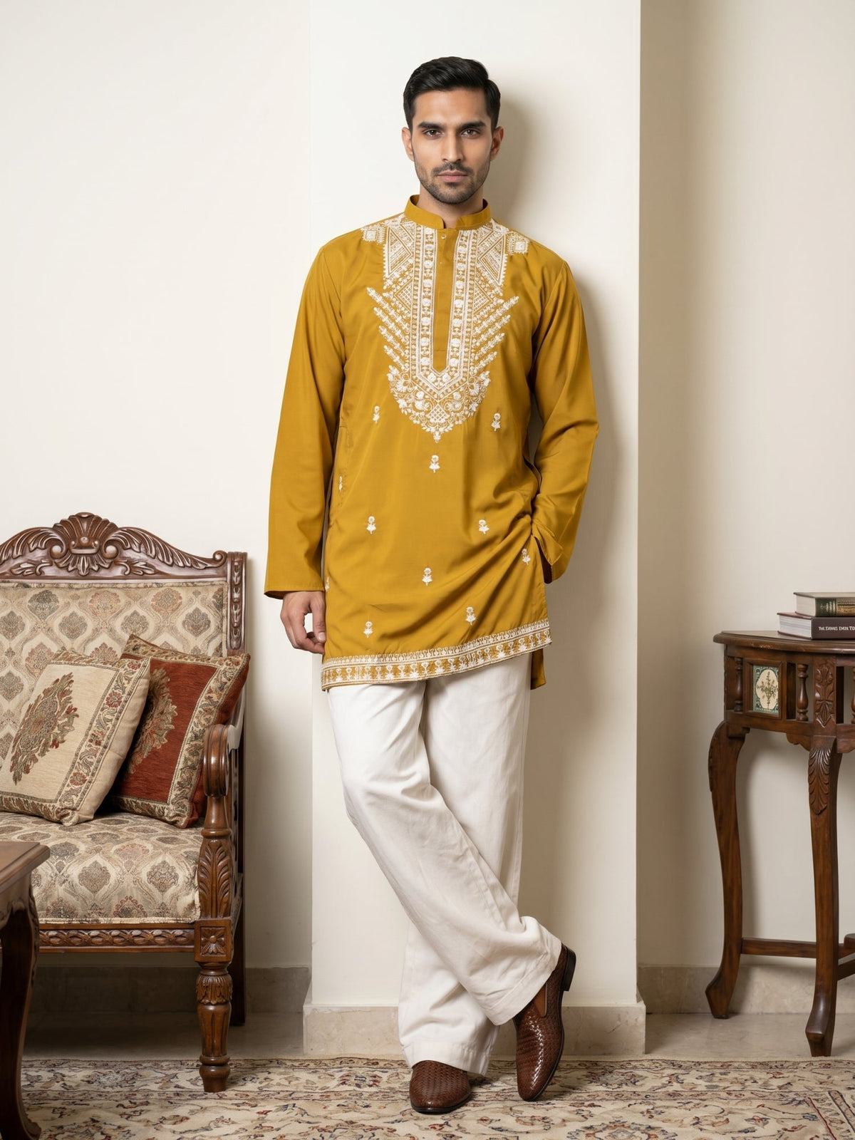 Japanese Fabric Embroidered Ethnic Kurta with Korean Pants ( 65KP PJ11W 5572Mustard ) [FF] [A-8]
