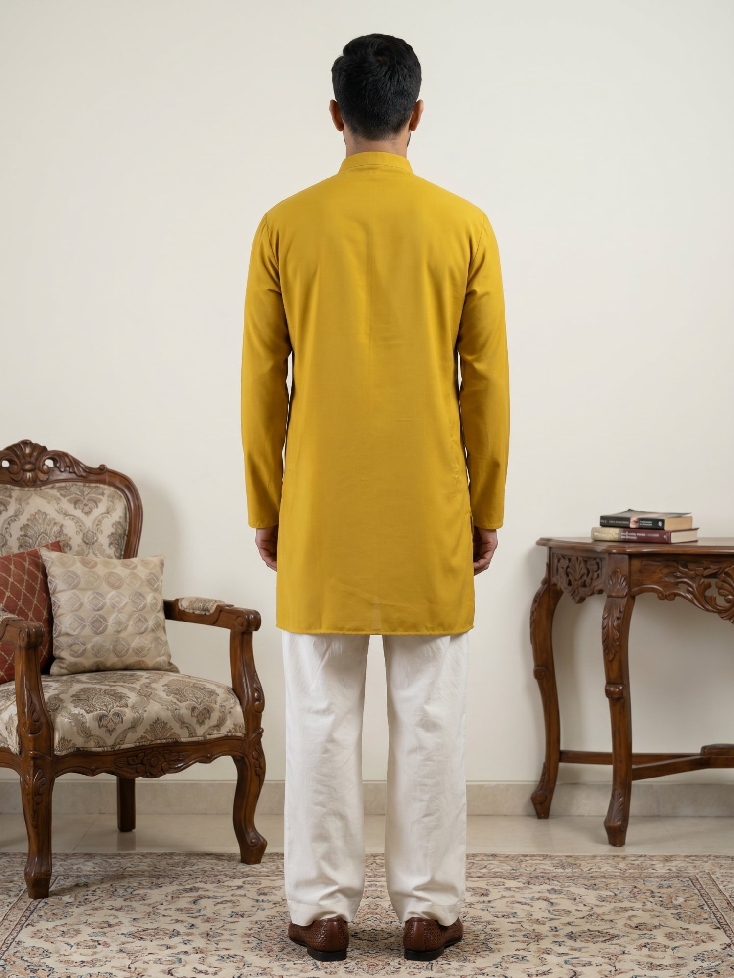 DesiQlo Men Embroidered Kurta Pyjama Set - Yellow - 65KP_PJ11W_5572Mus