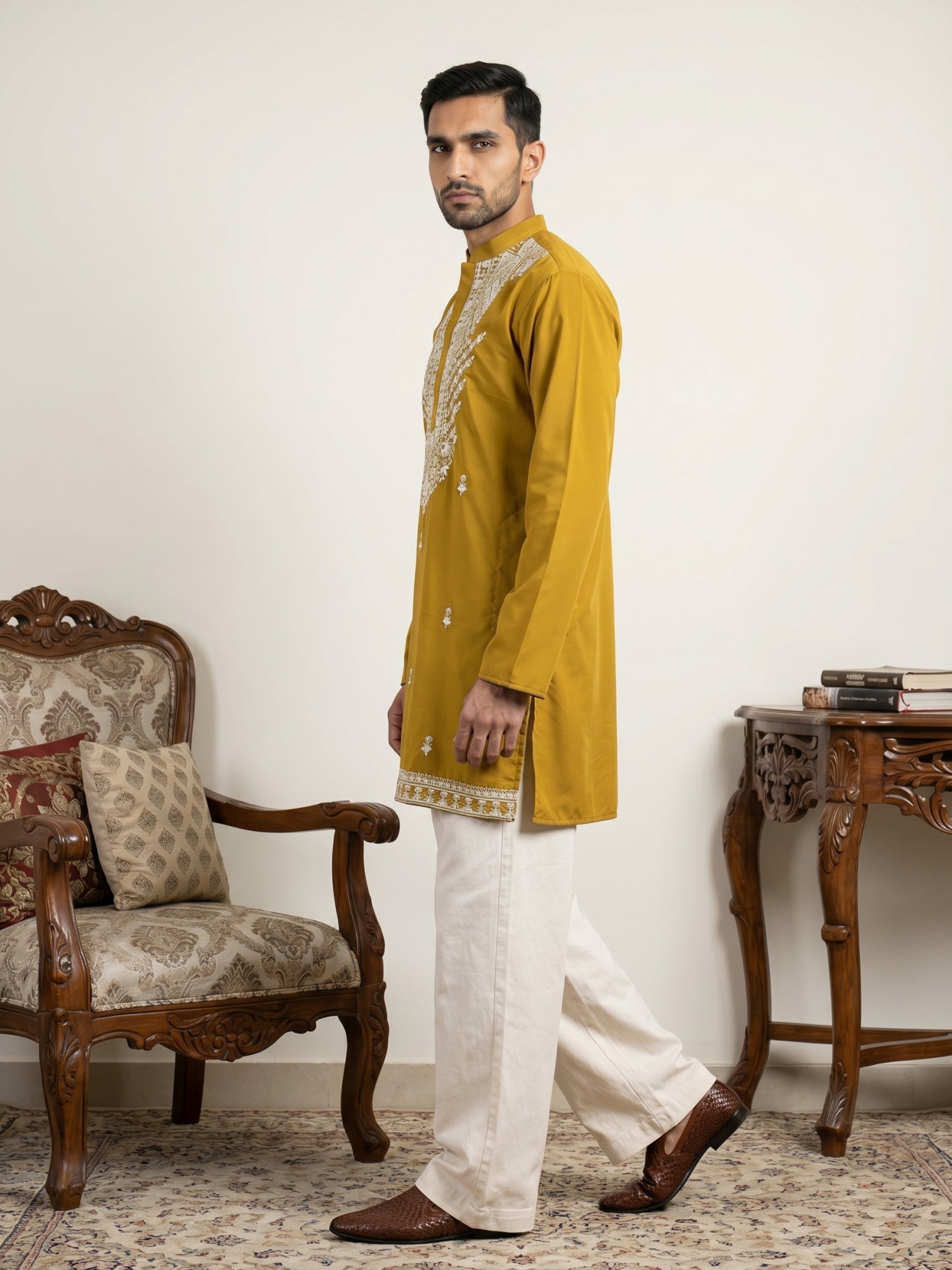 DesiQlo Men Embroidered Kurta Pyjama Set - Yellow - 65KP_PJ11W_5572Mus