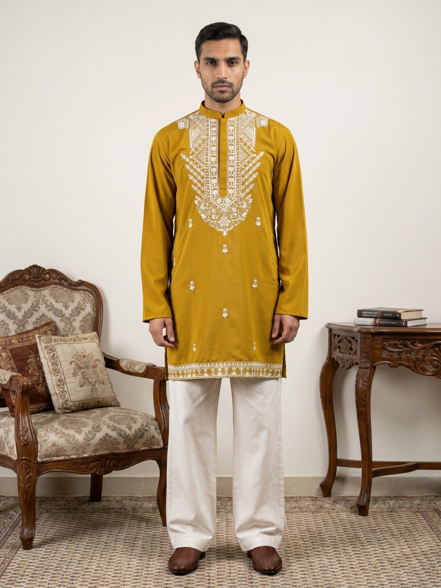 DesiQlo Men Embroidered Kurta Pyjama Set - Yellow - 65KP_PJ11W_5572Mus