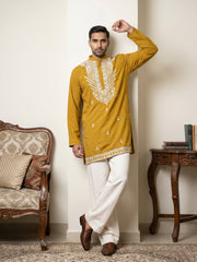 Japanese Fabric Embroidered Ethnic Kurta with Korean Pants ( 65KP PJ11W 5572Mustard ) [FF] [A-8]