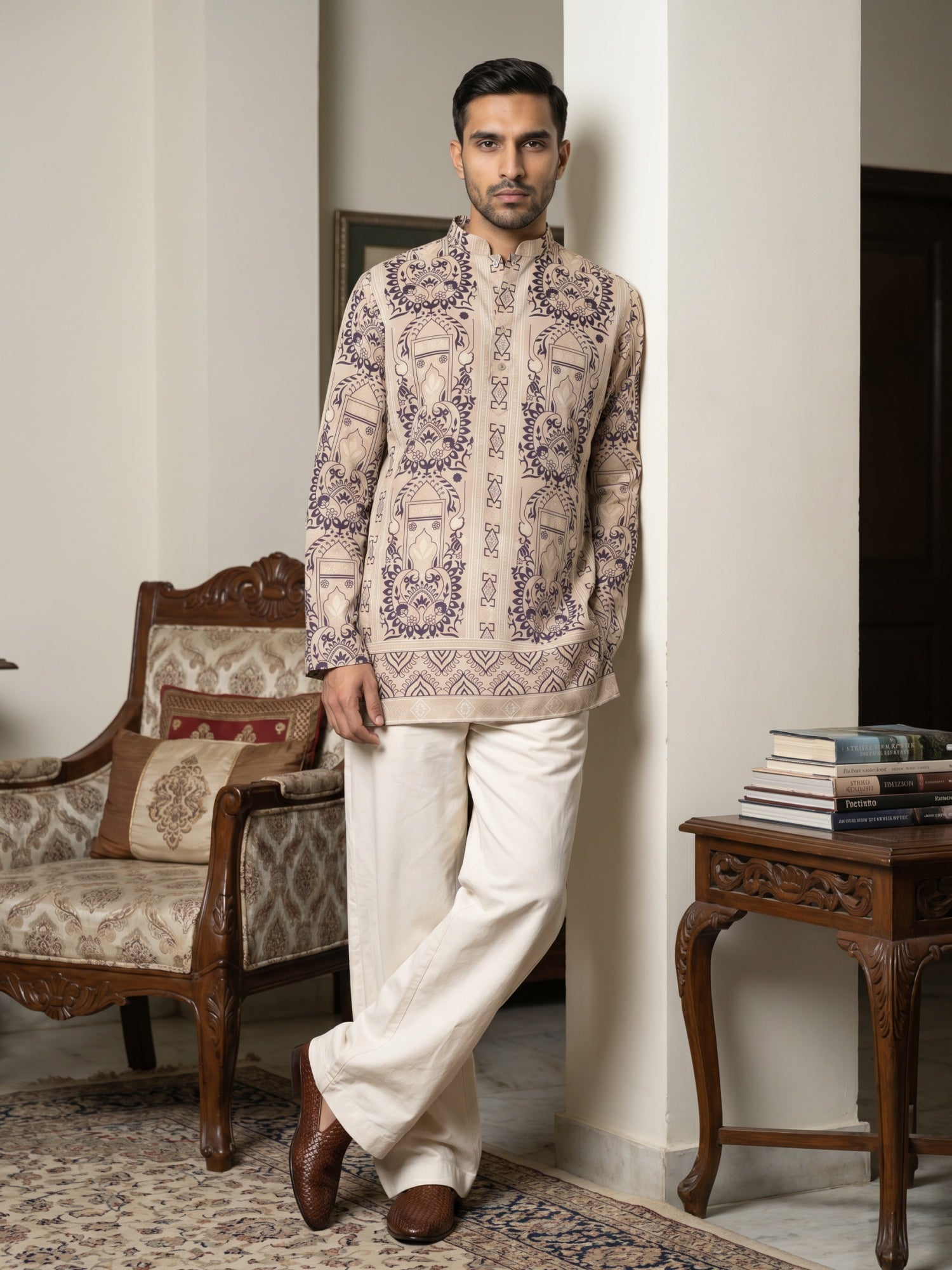 DesiQlo Men Printed Kurta Pyjama Set - Beige - 65KP_PJ11W_5573Beige_S