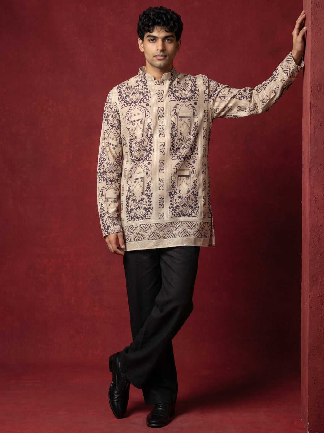 DesiQlo Men Printed Kurta Pyjama Set - Beige - 65KP_PJ11B_5573Beige_S