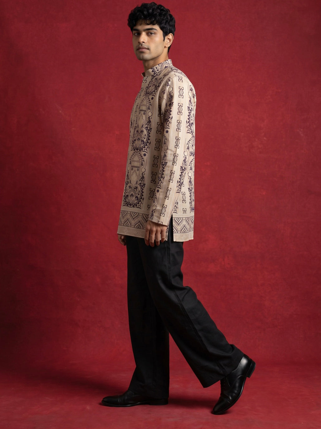 DesiQlo Men Printed Kurta Pyjama Set - Beige - 65KP_PJ11B_5573Beige_S