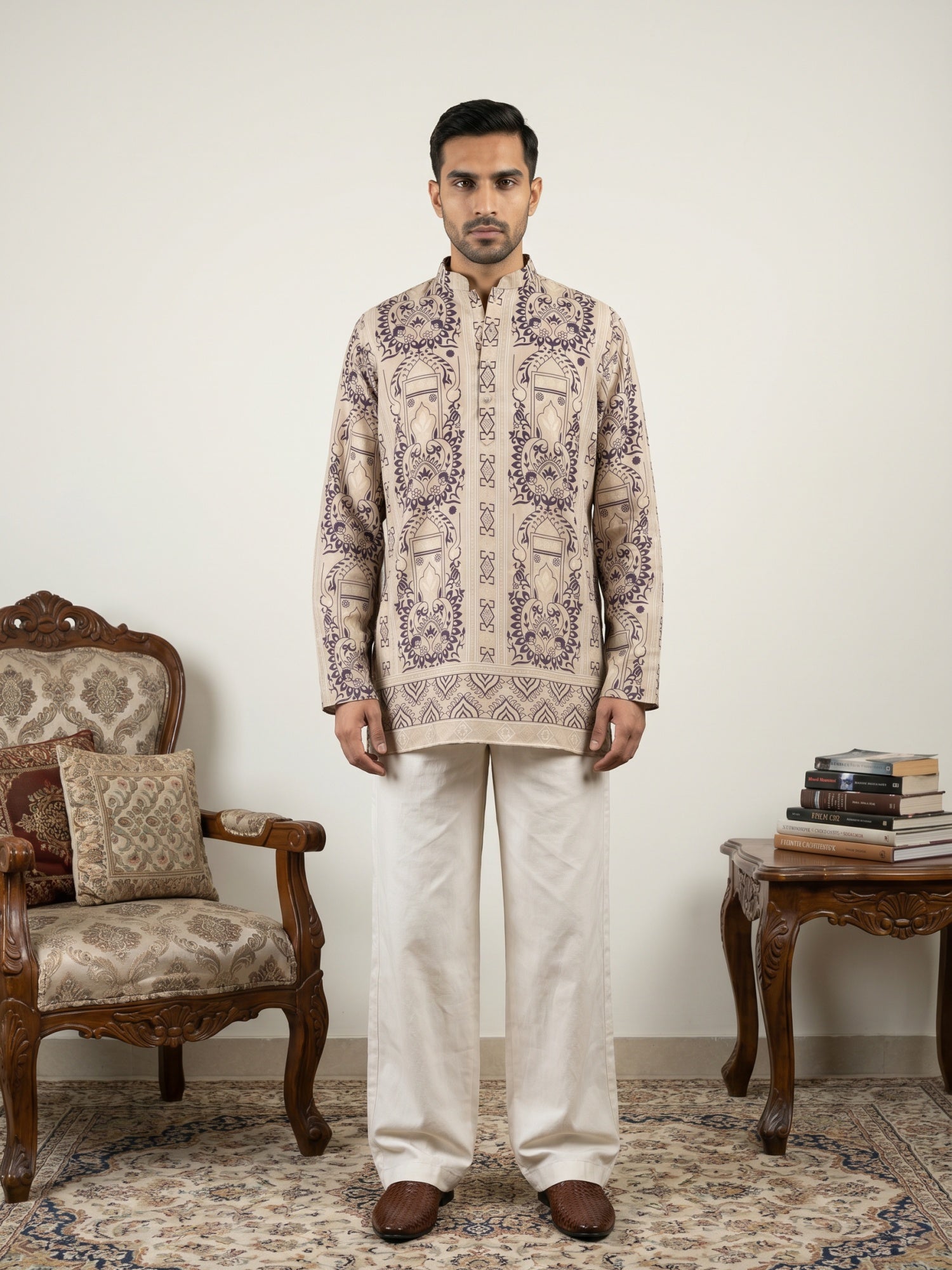 DesiQlo Men Printed Kurta Pyjama Set - Beige - 65KP_PJ11W_5573Beige_S