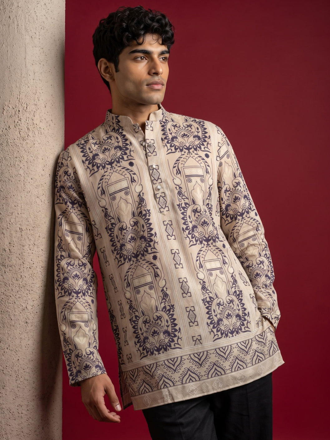 DesiQlo Men Printed Kurta Pyjama Set - Beige - 65KP_PJ11B_5573Beige_S