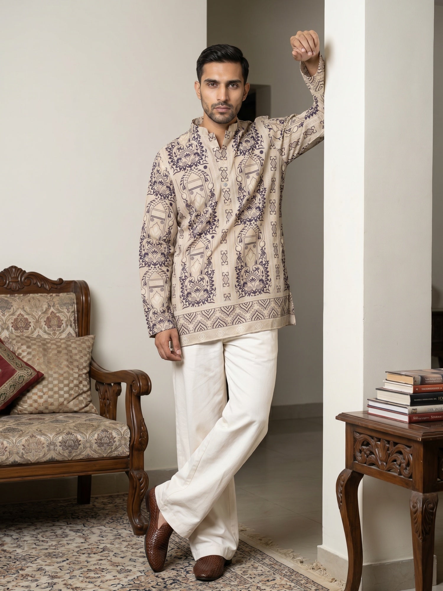 DesiQlo Men Printed Kurta Pyjama Set - Beige - 65KP_PJ11W_5573Beige_S