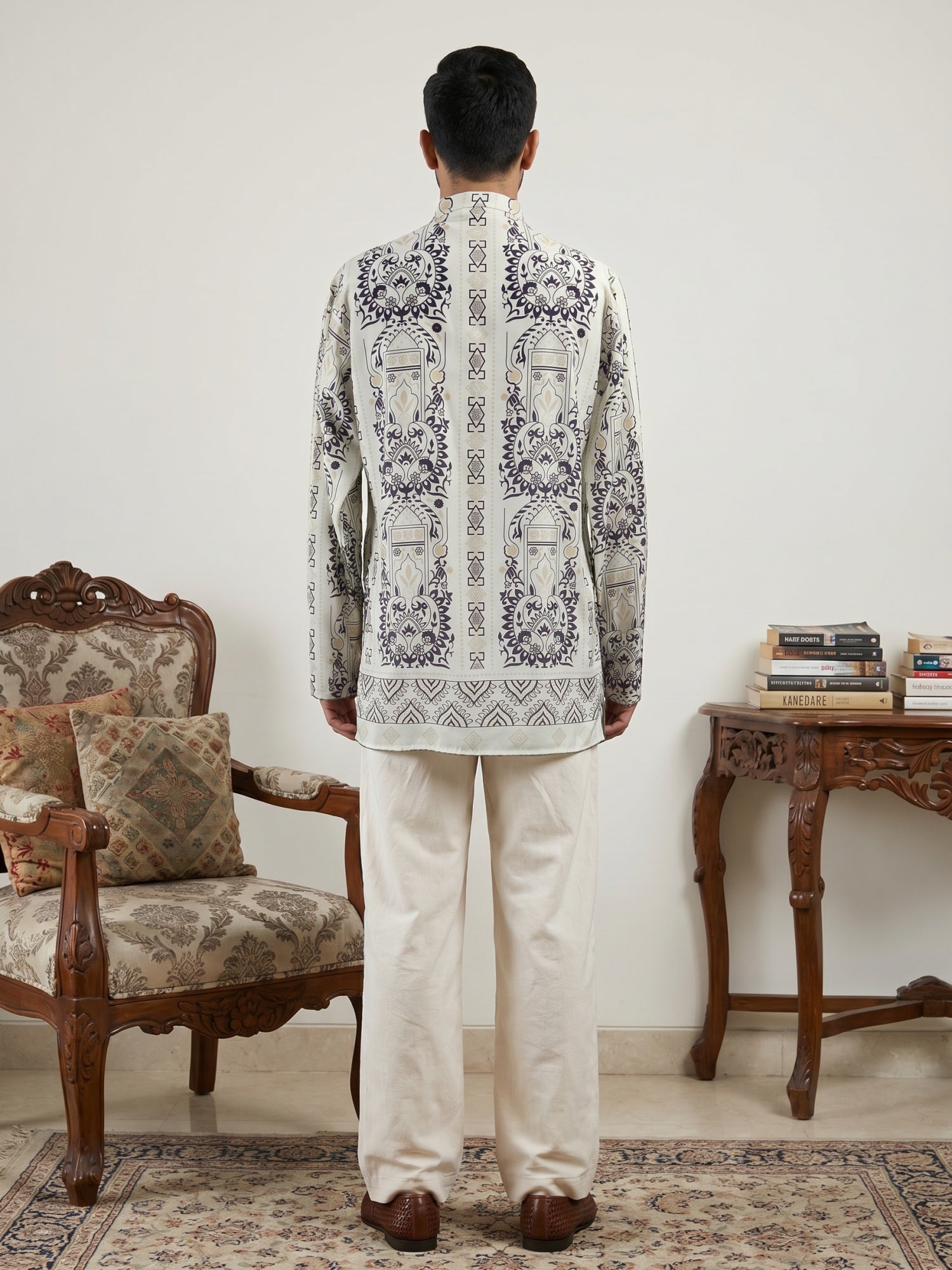DesiQlo Men Printed Kurta Pyjama Set - White - 65KP_PJ11W_5573White_S