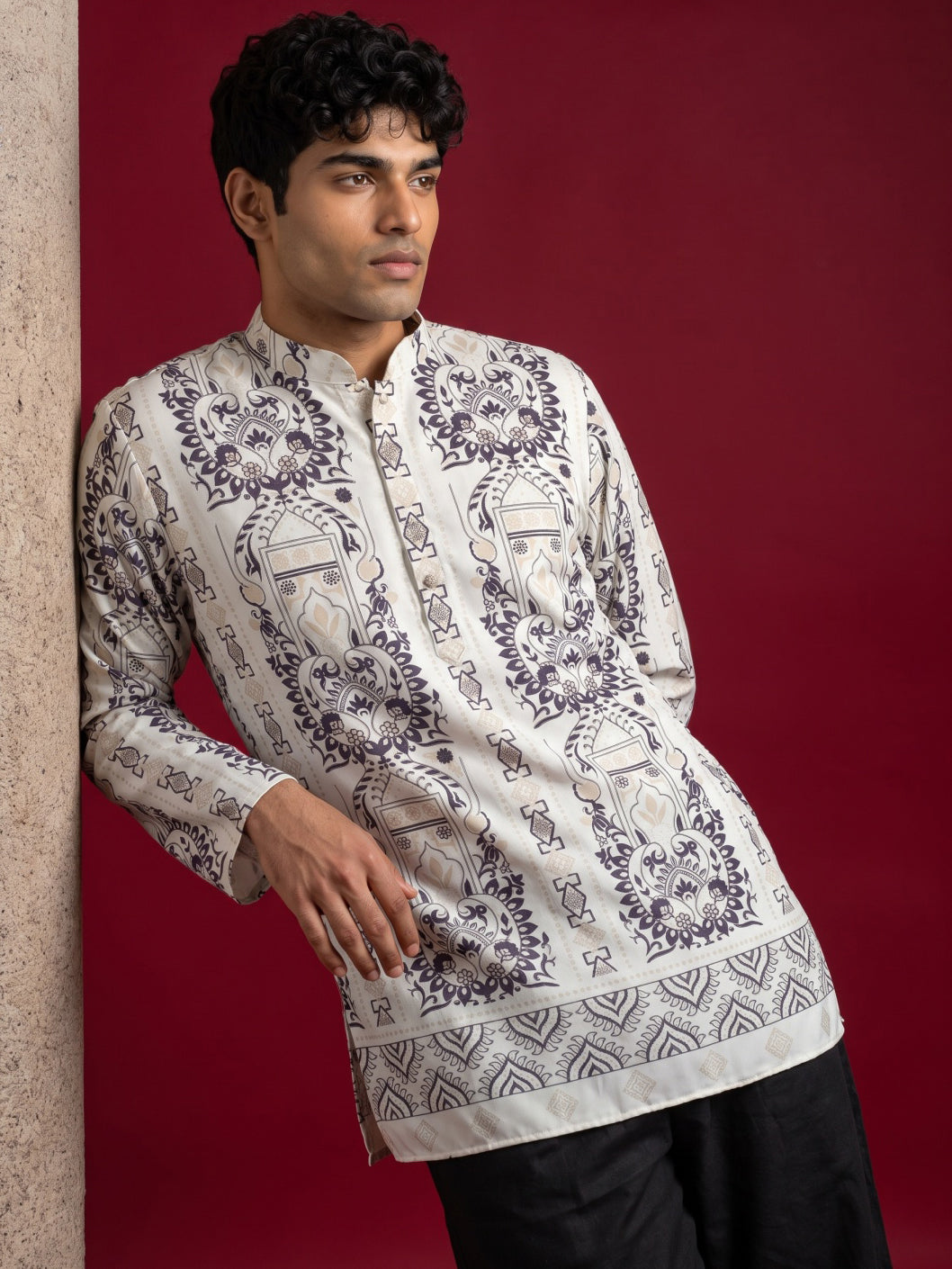 DesiQlo Men Printed Kurta Pyjama Set - White - 65KP_PJ11B_5573White_S
