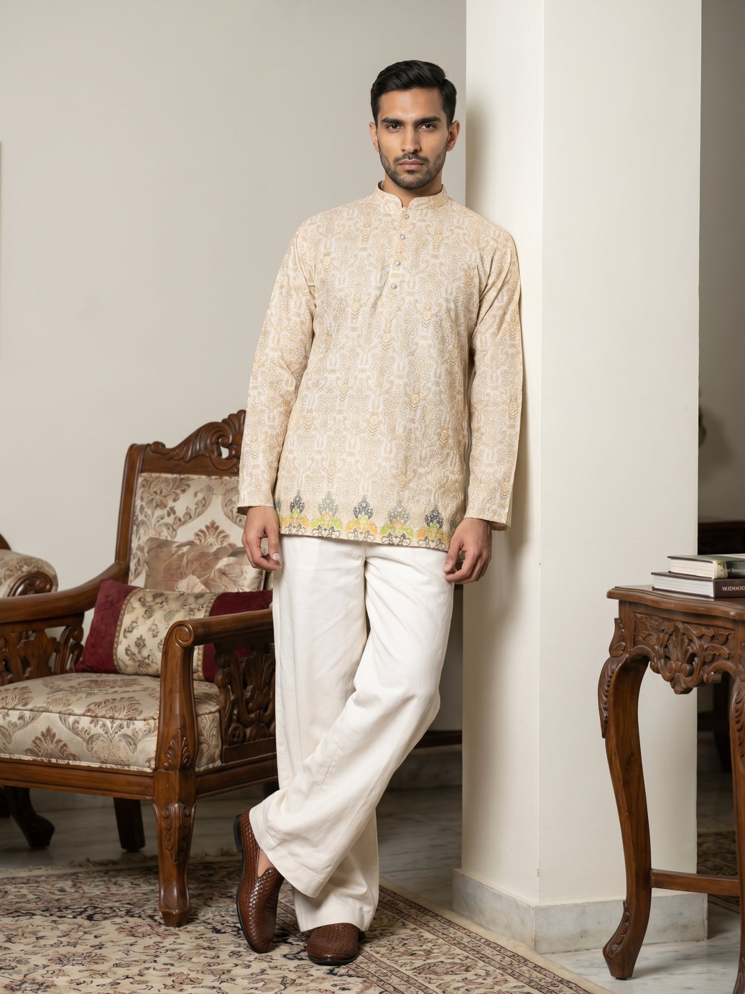 DesiQlo Men Printed Kurta Pyjama Set - Beige - 65KP_PJ11W_5574Beige_S