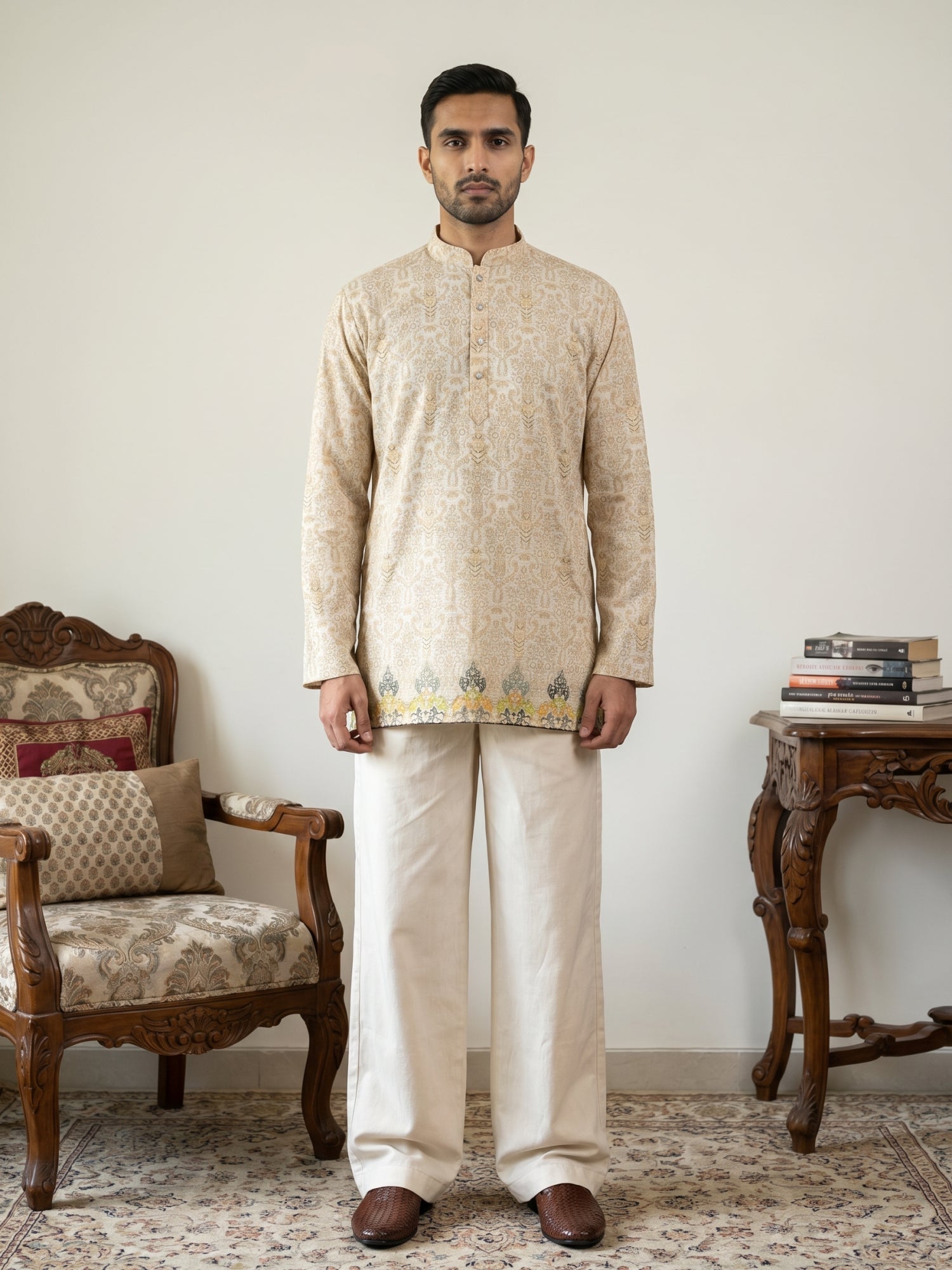 DesiQlo Men Printed Kurta Pyjama Set - Beige - 65KP_PJ11W_5574Beige_S