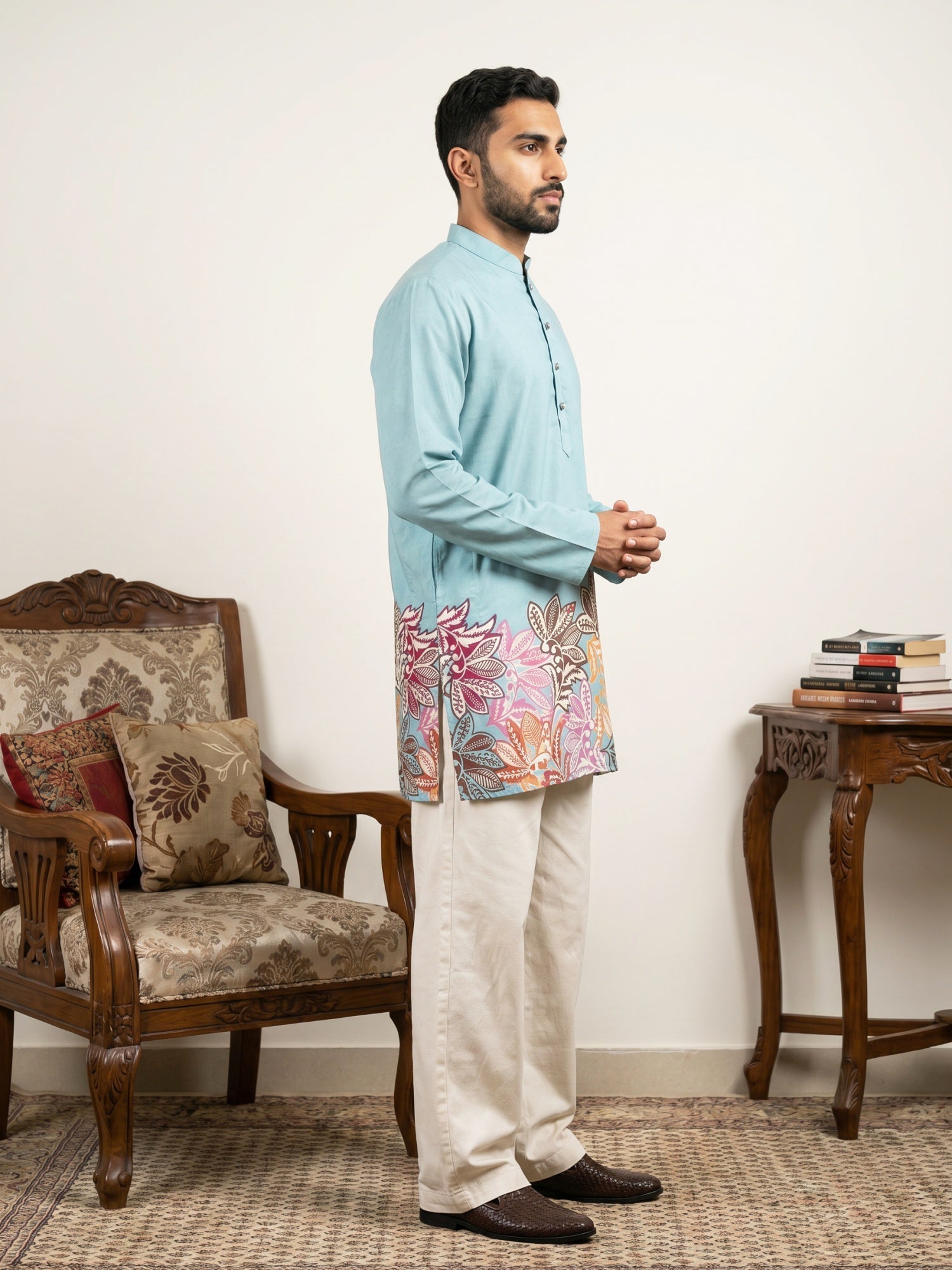 DesiQlo Men Printed Kurta Pyjama Set - Blue - 65KP_PJ11W_5575Sky_S