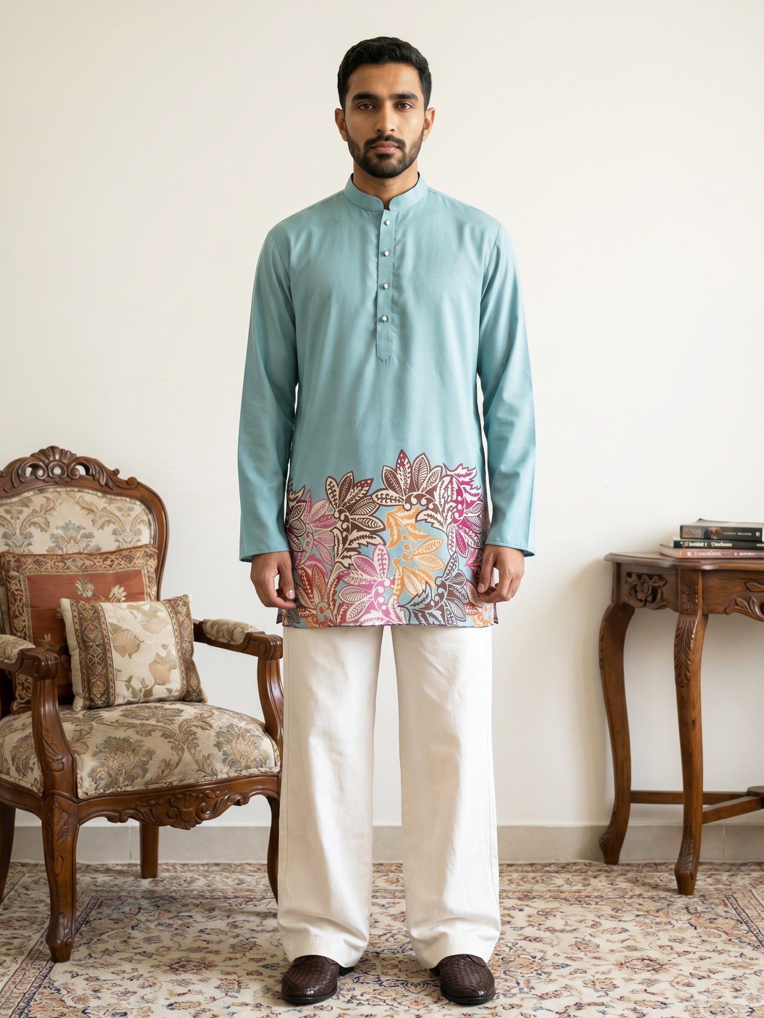 DesiQlo Men Printed Kurta Pyjama Set - Blue - 65KP_PJ11W_5575Sky_S