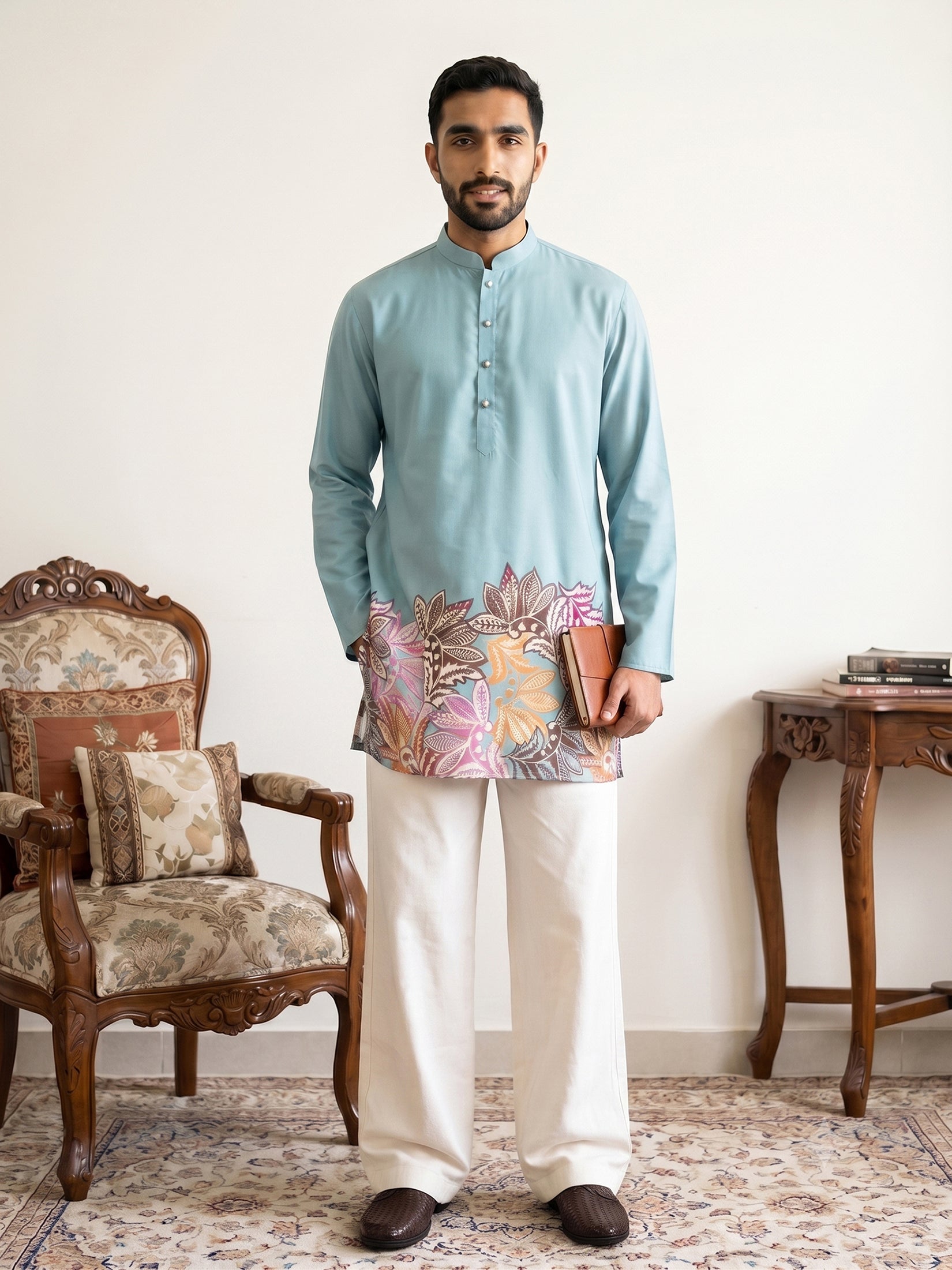 DesiQlo Men Printed Kurta Pyjama Set - Blue - 65KP_PJ11W_5575Sky_S