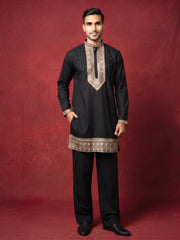 Japanese Fabric Embroidered Kurta with Korean Pant Set ( 65KP PJ11B 5576Black ) [FF] [G-4]