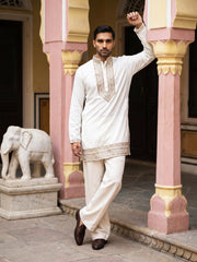 Japanese Fabric Embroidered Kurta with Korean Pant Set ( 65KP PJ11W 5576White ) [FF] [G-4]
