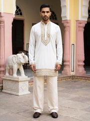 Japanese Fabric Embroidered Kurta with Korean Pant Set ( 65KP PJ11W 5576White ) [FF] [G-4]