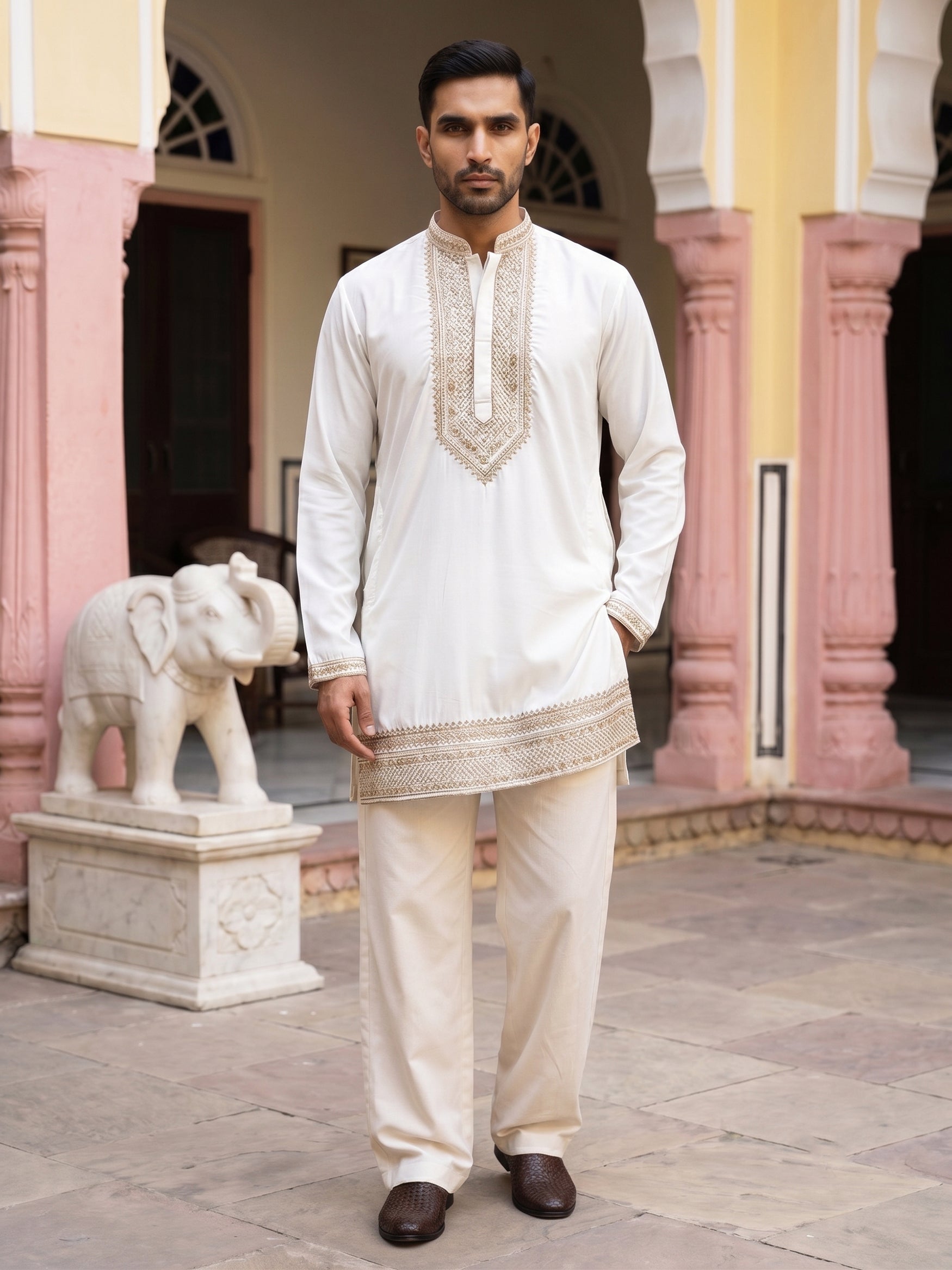 DesiQlo Men Embroidered Kurta Pyjama Set - White - 65KP_PJ11W_5576Whit