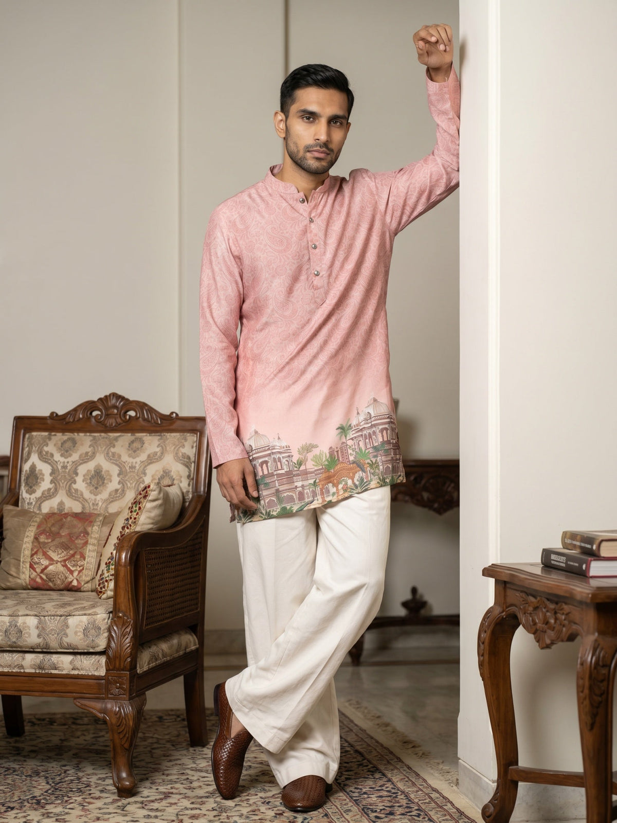 Cotton Blend Ethnic Printed Kurta with Korean Pant Set ( 65KP PJ11W 5577Peach ) [FF] [G-10]