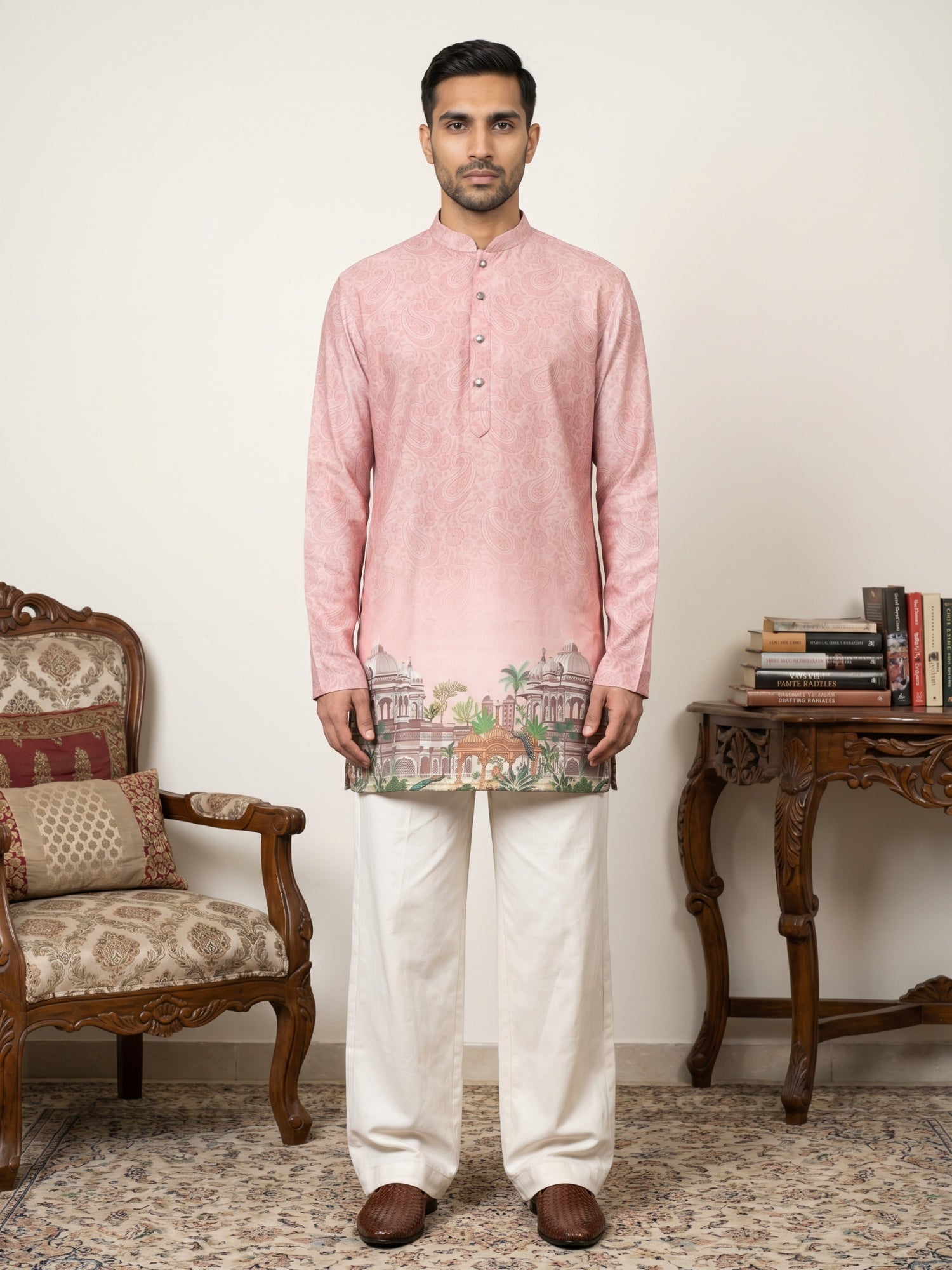 DesiQlo Men Printed Kurta Pyjama Set - Orange - 65KP_PJ11W_5577Peach_S