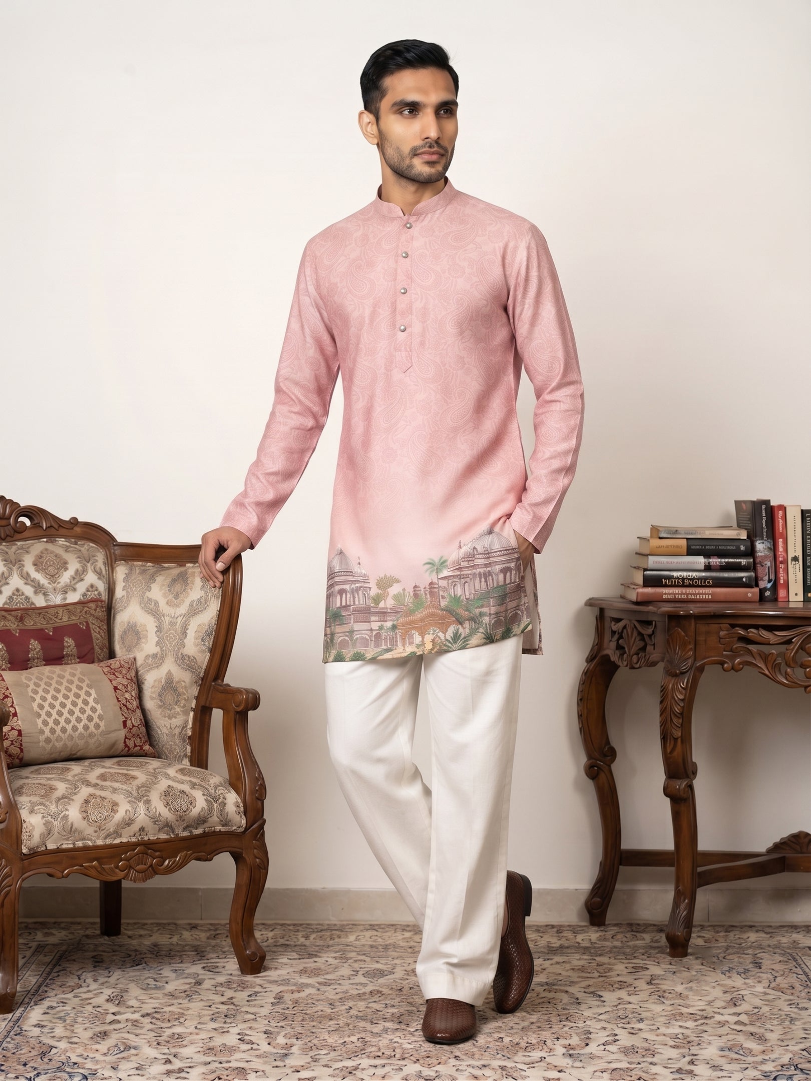 DesiQlo Men Printed Kurta Pyjama Set - Orange - 65KP_PJ11W_5577Peach_S