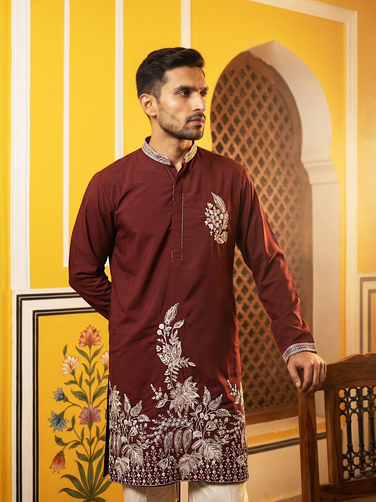 Japanese Fabric Botanical Embroidered Kurta with Korean Pant ( 65KP PJ11W 5578Maroon ) [FF] [G-4]