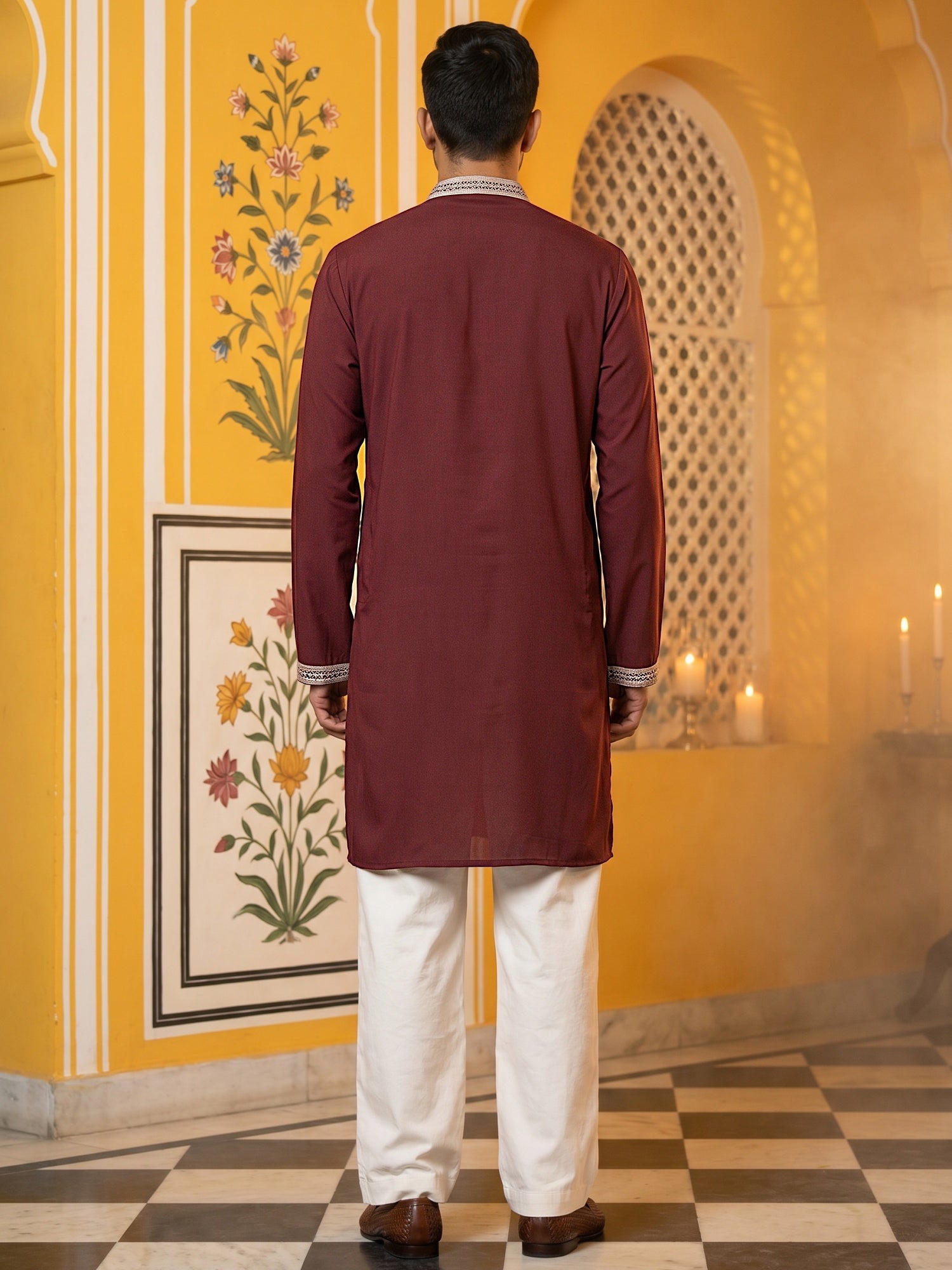 DesiQlo Men Embroidered Kurta Pyjama Set - Maroon - 65KP_PJ11W_5578Mar