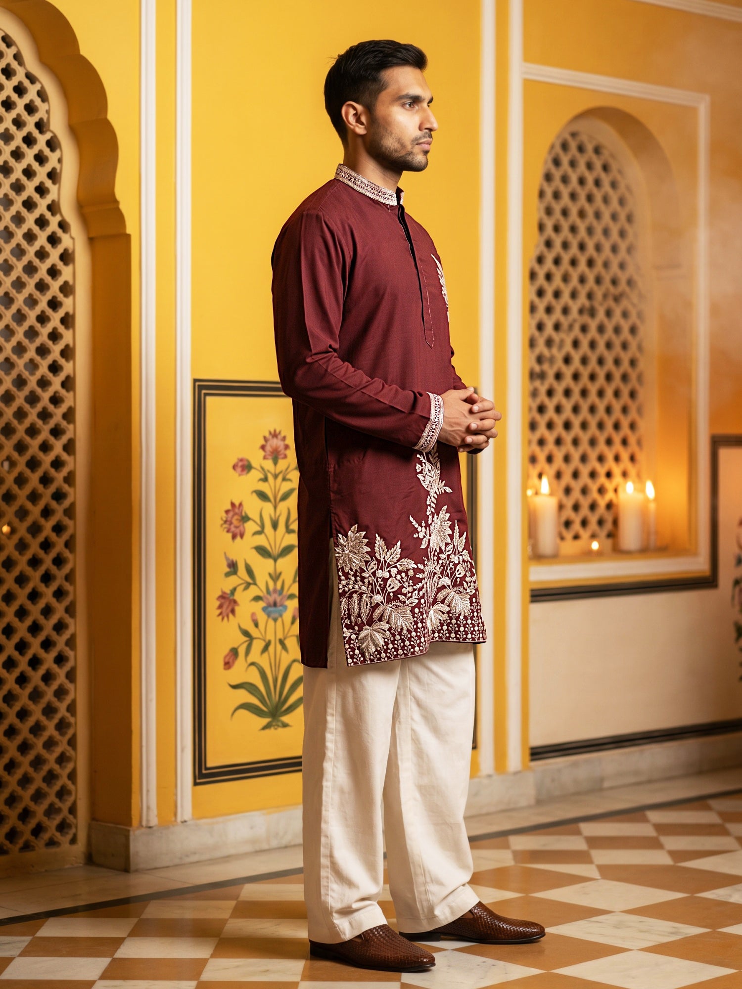 DesiQlo Men Embroidered Kurta Pyjama Set - Maroon - 65KP_PJ11W_5578Mar