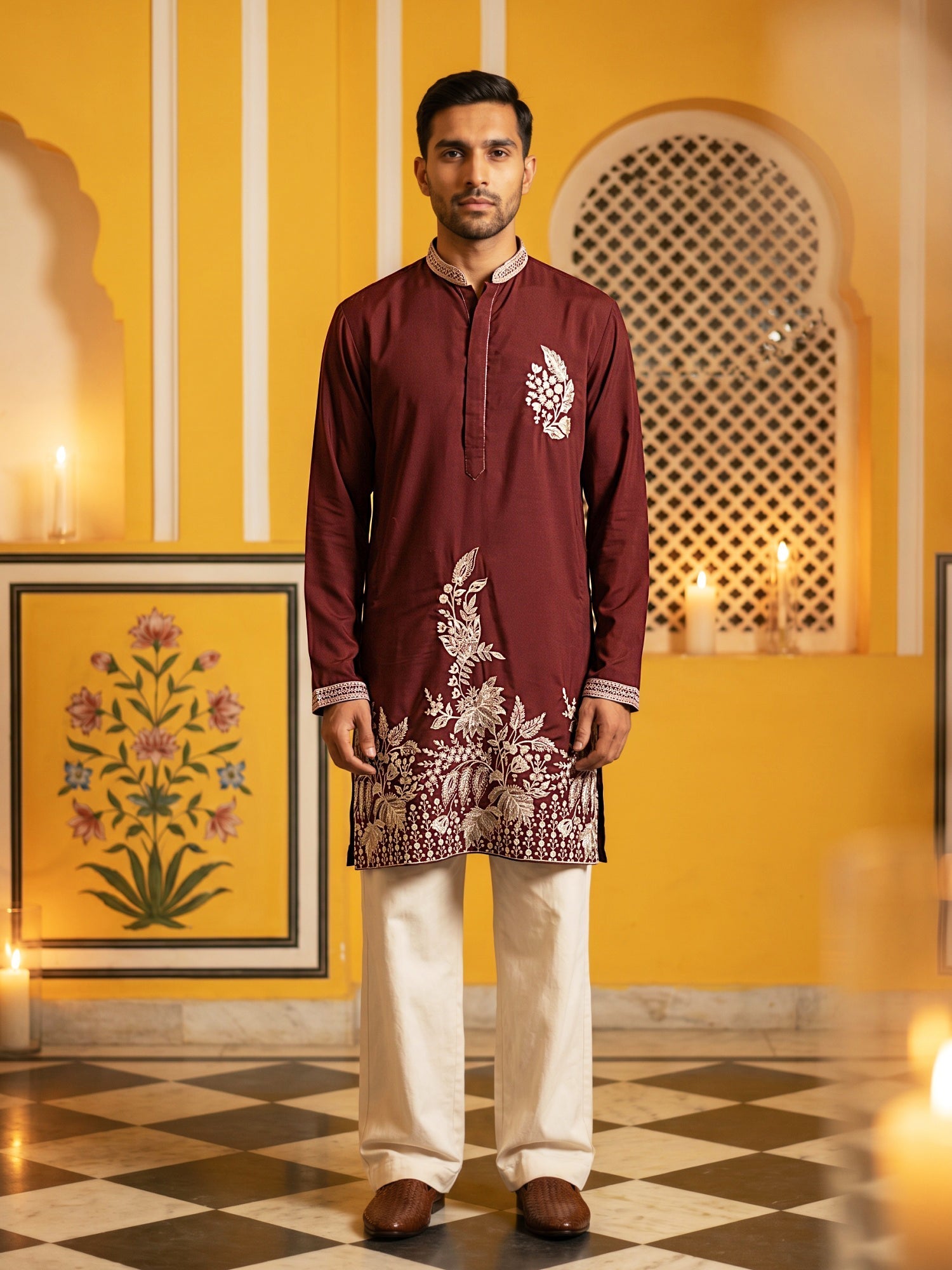 DesiQlo Men Embroidered Kurta Pyjama Set - Maroon - 65KP_PJ11W_5578Mar