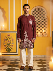 Japanese Fabric Botanical Embroidered Kurta with Korean Pant ( 65KP PJ11W 5578Maroon ) [FF] [G-4]