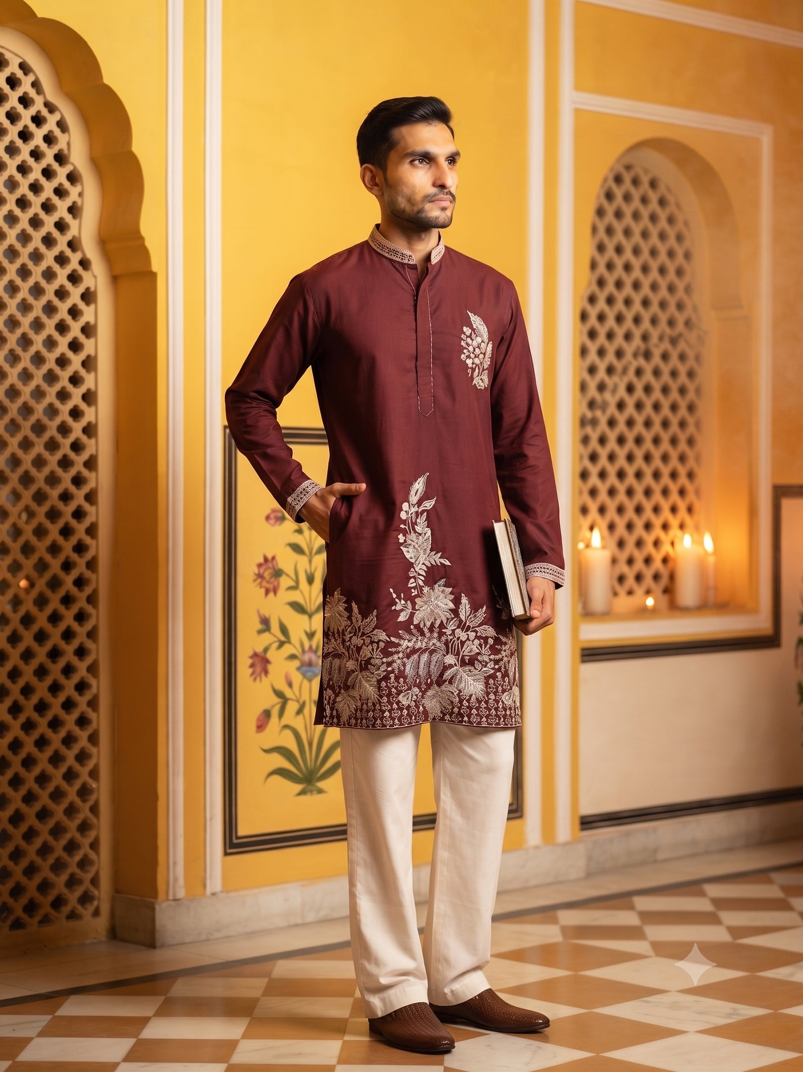 DesiQlo Men Embroidered Kurta Pyjama Set - Maroon - 65KP_PJ11W_5578Mar